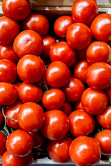 Boxes of bright red tomatoes ready for sale at a farmers market