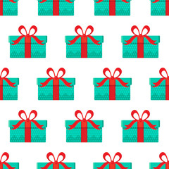 Seamless pattern different gift boxes in vector. Gift in flat style. Collection for Christmas, birthday and holidays. Christmas and new year background. Present box with bow. Cartoon