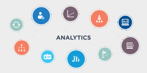 analytics 10 points circle design. hexagonal interconnections, hierarchy, id card, increasing stocks round concept icons..