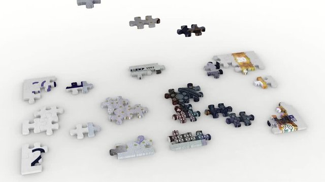 Animazione illustrazione 3D. Creazione puzzle  venti  euro su sfondo bianco..