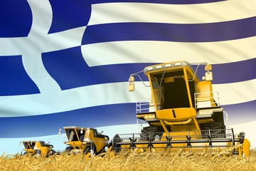 yellow wheat agricultural combine harvester on field with Greece flag background, food industry concept - industrial 3D illustration
