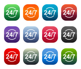 24/7 icon shiny square buttons set illustration design