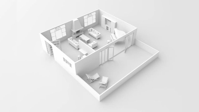 3d interior illustration rendering animation of white furnished living room