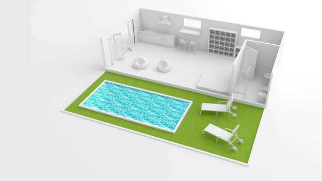 3D interior illustration animation rendering of furnished bungalow home apartment with swimming pool