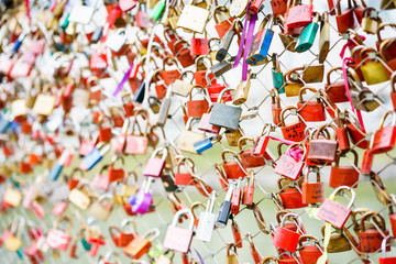 SALZBURG, AUSTRIA - MARCH 12: View on bridge over river decorated with padlocks on March 12, 2016 ...