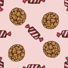 Seamless pattern with hand drawn colored candies, cookie