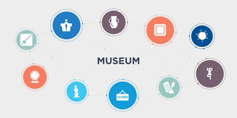 museum 10 points circle design. museum fencing, porcelain, venus de milo, closed round concept icons..