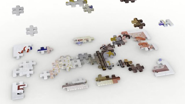Animazione illustrazione 3D. Creazione puzzle  cinquanta  euro su sfondo bianco..
