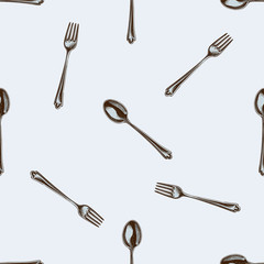 Fototapeta premium Seamless pattern with hand drawn colored spoon, fork