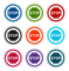 Stop sign icon flat round buttons set illustration design