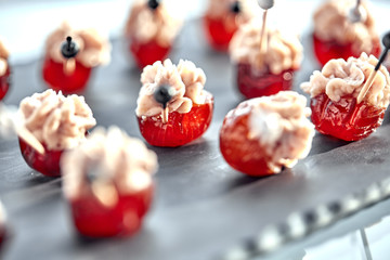 Delicious tartlets with black caviar. Concept of food, restaurant, catering, menu.