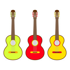 Obraz premium Three Yellow Mexican guitar set. Vector isolated illustration on white background. Music icons and melody template
