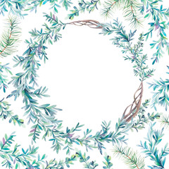 Watercolor winter floral card. Hand drawn wreath and tree branches composition isolated on white background. Natural vintage round frame design with fir eucalyptus leaves