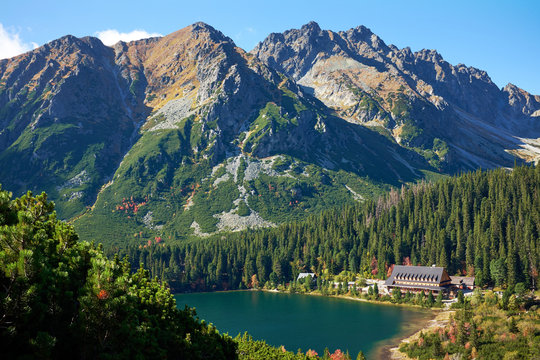Poprad Lake with autumn forests  from the hiking trail of the Ostrva mountain in High Tatras National Park, Slovakia