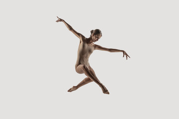 Modern ballet dancer. Contemporary art ballet. Young flexible athletic woman.. Studio shot isolated on white background. Negative space. - obrazy, fototapety, plakaty