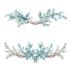 Watercolor floral decorative object set. Winter compositions with branches, leaves, pearl and tree elements isolated on white background. Border with plants collection