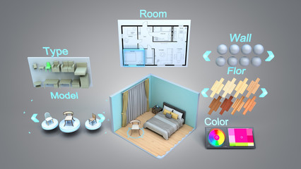 modern concept for quickly creating interior design room design constructor 3d render on grey gradient