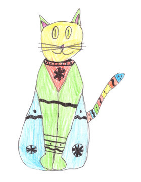 Drawing of a colored cat. Illustration for textiles, banners, advertising.