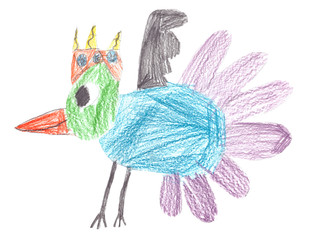 Children's drawing of a bird. Colour pencils. Illustration for textiles, banners, advertising.