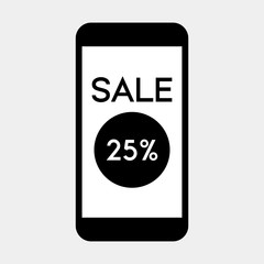 Mobile phone with Sale 25 percent icon on screen,vector.