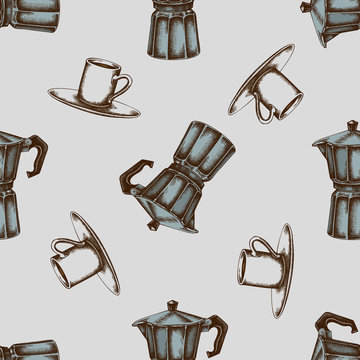 Seamless pattern with hand drawn colored espresso cup, coffee pot