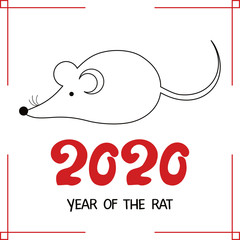 Year Of The Rat 2020. Chinese New Year eve. Cartoon cute rat. White mouse on white background in a red frame and numbers 2020. Holiday greeting card. animal zodiac sign. Flat vector illustration. Icon