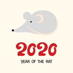Chinese New Year eve. Year Of The Rat 2020. Cartoon cute rat. Gray mouse on beige background and numbers 2020. Holiday greeting card. animal zodiac sign. Flat vector illustration. Icon or logo.