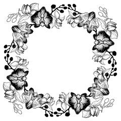 Monochrome vector illustration of hand drawn floral wreath. Ink drawing, manual graphic style, Perfect for beautiful wedding design element, printing, floristic design, gretting card.