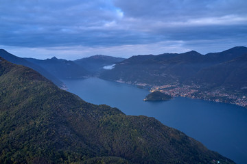 Fototapeta premium Panoramic view of Lake Como, the city of Lenno. Aerial view. Autumn season