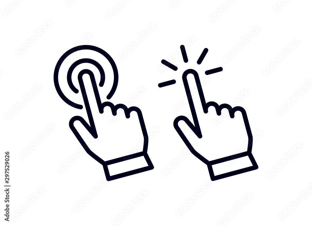 Poster set of hand pointer or cursor mouse clicking linear icon symbol