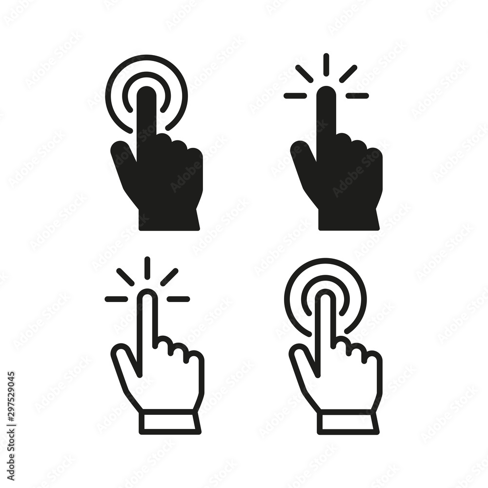 Poster set of hand pointer or cursor mouse push linear icon symbol