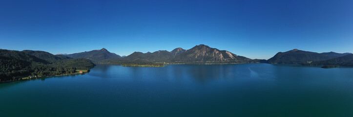 Aerial view. Beautiful panorama of lake Walchensee, Bavaria Germany. Flying on drone.