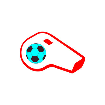 Red referee whistle with a blue soccer logo