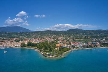 Aerial photography. Beautiful coastline. In the city of Bardolino, Lake Garda is the north of Italy. View by Drone.