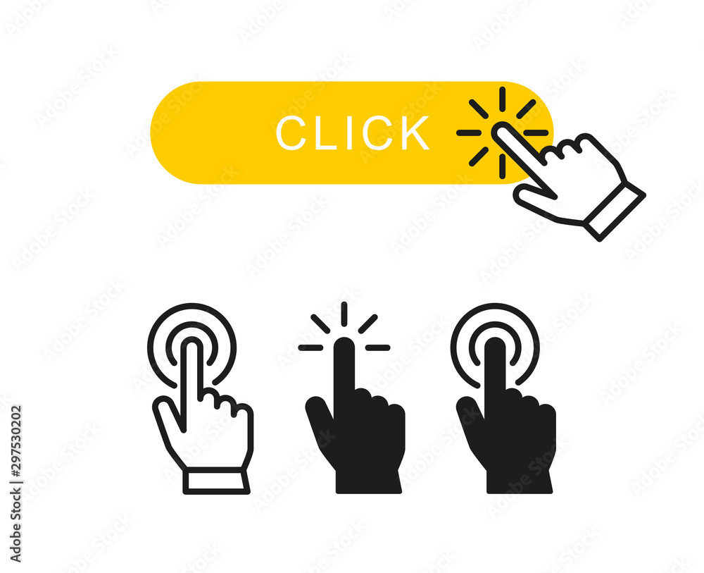Poster finger clicks on yellow button and set hand pointer or mouse cursor push linear icon symbol