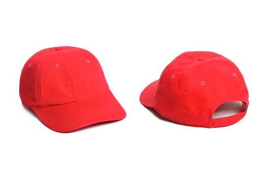 red Baseball cap isolated on white background. Front and back view.