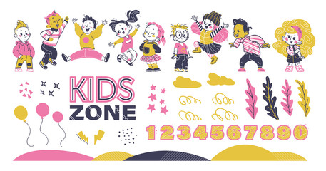 Happy kids group smiling, jumping, celebrating. Decor elements set: air balloons, stars, clouds, numbers. Hand drawn style. Vector illustration. For birthday party banner, invitation, card, kids zone.