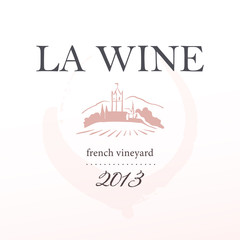 Vector wine label logo design template with hand drawn landscape village vinery illustration and text sample isolated on white background. For family vineyard brand, restaurant menu, bar etc.