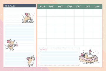 Set of monthly calendar planner page set design template for children with cute hand drawn little mouse character. Flat lay, pastel colors. Back to school equipment. Vector illustration.