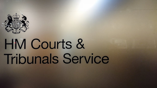 HM Courts and Tribunals Service. The sign, logo and coat of arms for the executive agency of the UK Ministry of Justice.