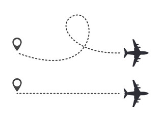 Multiple aircraft routes with dotted lines. Traveler tracks marked with dotted lines. Aircplane tracking on route on white background