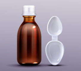 Cough syrup bottle and spoon with big and small scoops for adults and kids dosage. Brown glass blank flask mock up, flu remedy package design for medicical promo ad. Realistic 3d vector illustration