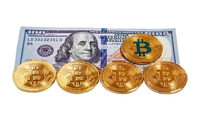 Gold bitcoin coin one hundred dollars bills isolated on white background