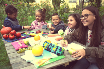 Group child doing homework. - Image