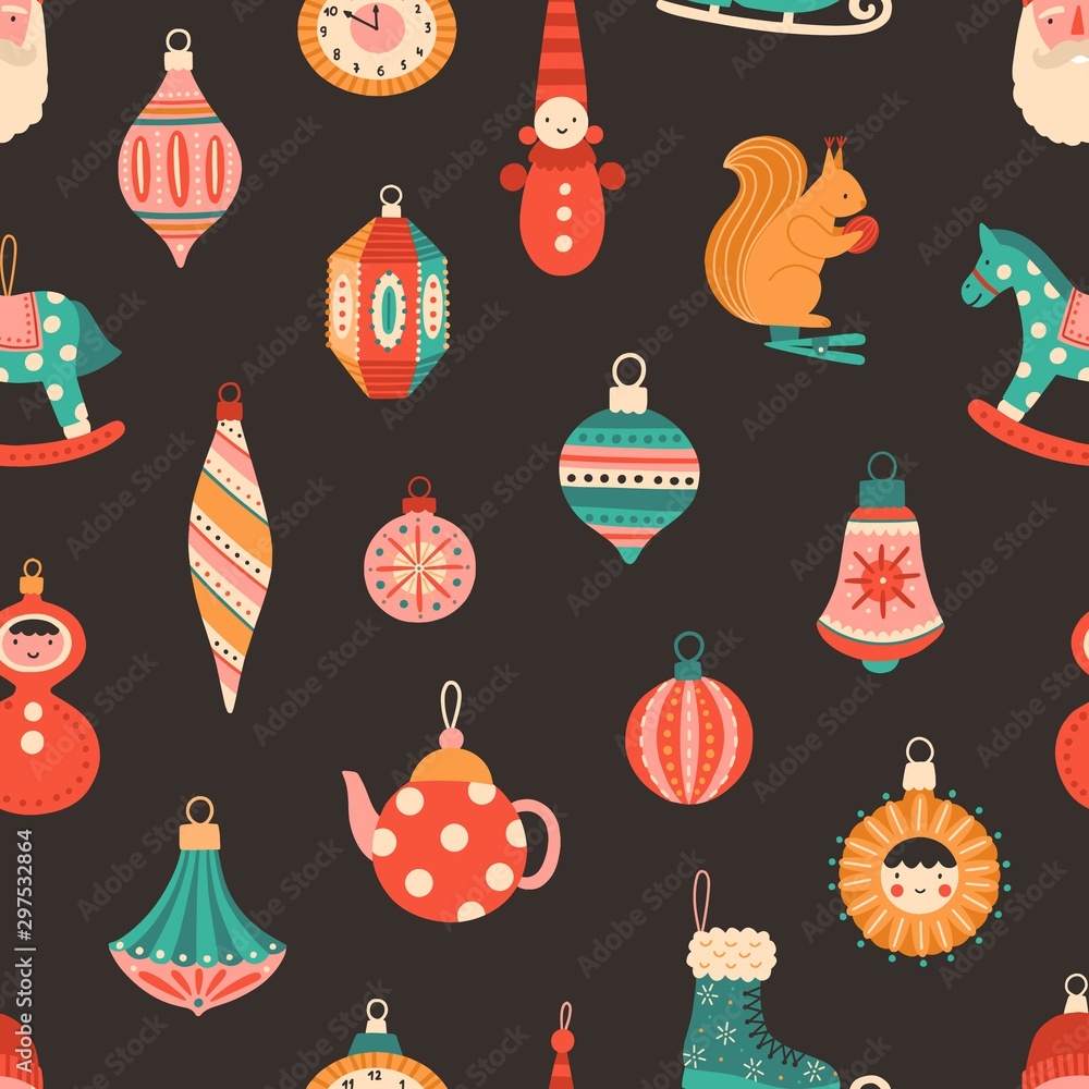 Poster christmas tree baubles flat vector seamless pattern. black background with retro new year decoration