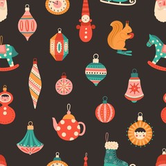 Christmas tree baubles flat vector seamless pattern. Black background with retro New Year decorations, ornaments. Winter holiday creative texture. Xmas vintage wallpaper, wrapping, textile design.