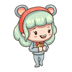 Vector illustration of cute chibi character isolated on white background. Cartoon girl in mouse costume for new year 2020. Little girl with gift box.