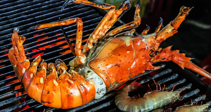 Lobster Cooking Barbecue Fire Grill Close-up