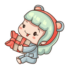 Vector illustration of cute chibi character isolated on white background. Cartoon girl in mouse costume for new year 2020. Little girl with gift box.