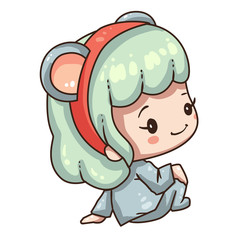 Vector illustration of cute chibi character isolated on white background. Cartoon girl in mouse costume for new year 2020. 